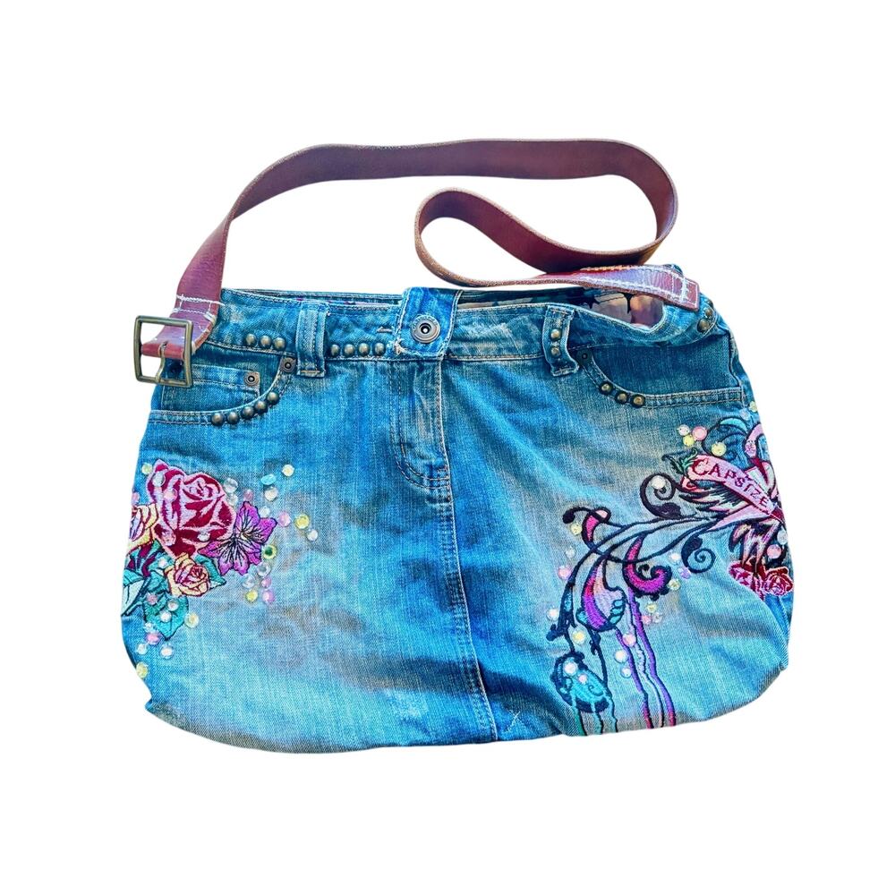 Denim repurposed jeans rhinestone embroidered floral handbag crossbody purse